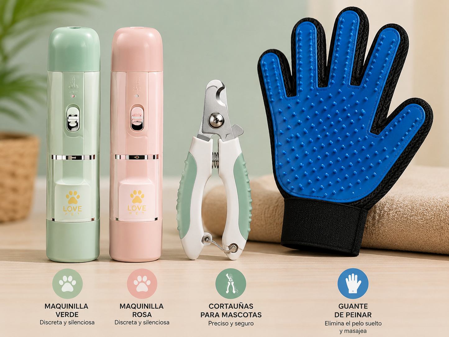 Kit de Aseo Completo para Mascotas: Maquinilla + Cortaúñas + Guante